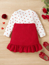 Girls Digital Print Ruffle Hem Faux 2pcs Dress With Heart Pocket, Warm And Comfortable, Cute Fashion Outerwear For Autumn/Winter